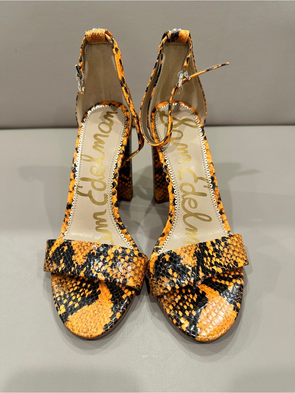 Sam Edelman Yellow-Black Snake Print Ankle-Strap Heels - Picture 6 of 10